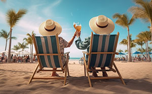 A couple wearing hats and having cocktails fashing the ocean at a resort
