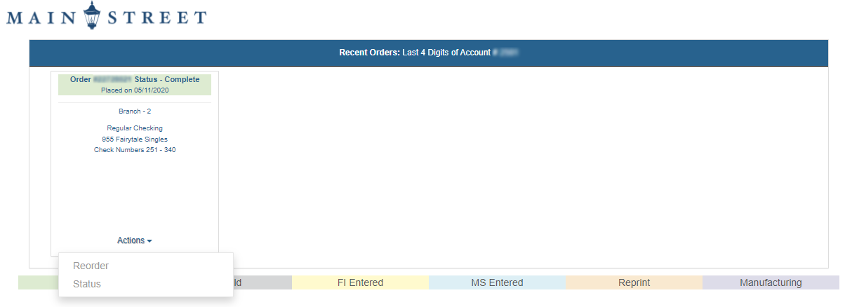Screenshot from online banking that shows how to order checks online