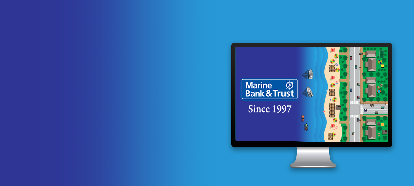 Computer monitor with screenshot of Marine Bank Aerial View Illustration