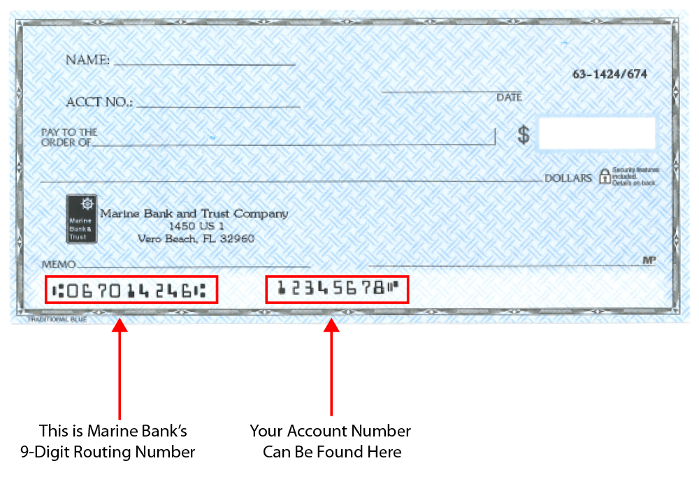 Image of a Marine Bank & Trust Check that shows people where to look for the tracking number and account number on the check.