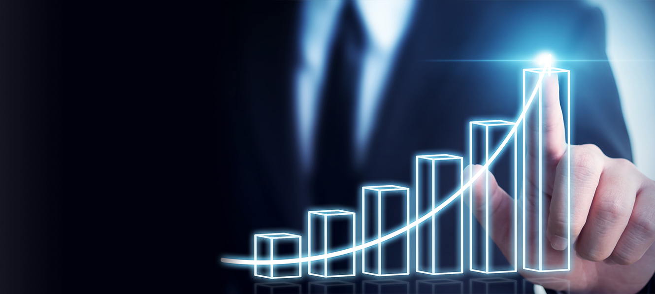Man following a business bar chart growing to a new height